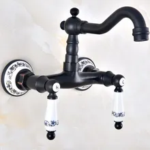 Кухонный мокрой Бар Ванная сосуд Раковина кран черный масло терли латунь настенный поворотный носик смеситель кран двойной керамический рычаг mnf829