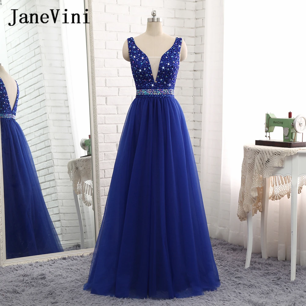 JaneVini Vestidos роскошный хрустальный Королевский синий бисер платье для матери невесты линия глубокий v-образный вырез открытая спина