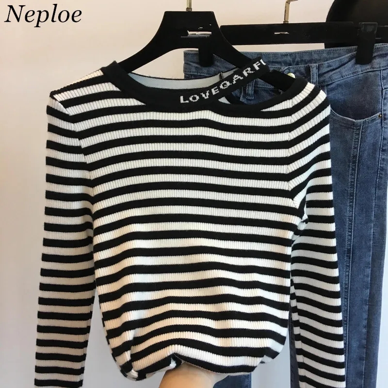

Neploe Stripped Letters Hole Women Sweater Halter Neck Knitted Female Pullover 2019 Autumn Winter New Simple Sueter Mujer 69005