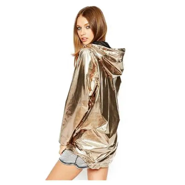 Dropshipping Women Spring Autumn Jackets Long Sleeve Golden PVC Raincoat Zipper Up Punk Unisex Street Coat