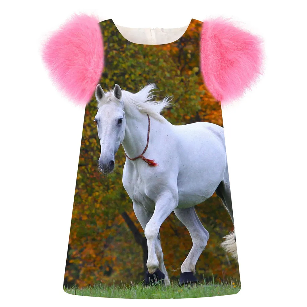 nice Girls Dress white horse print fashion Birthday party winter autumn