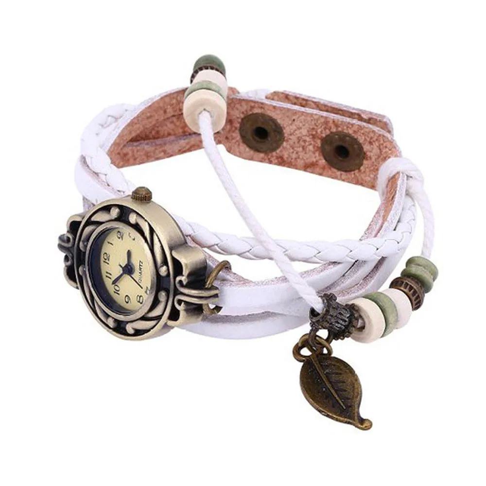 Relogio masculino коричневый Ретро Плетеный женский браслет с бусинами и листьями, браслет, кварцевые наручные часы reloj hombre часы#03 - Цвет: as photo