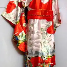 Красный Азии японских Дамский шелковый атлас кимоно Винтаж Традиция юката платье с Оби Один размер H014