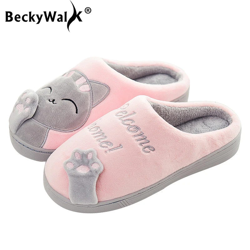 BeckyWalk/женские домашние тапочки Зимняя обувь с мультяшным котом Женские и мужские