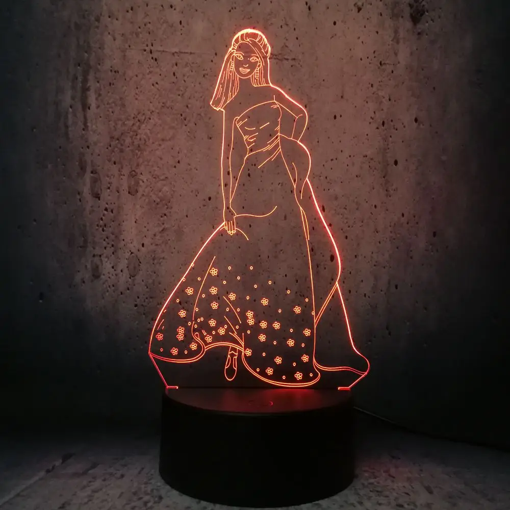 Длинная юбка красивая фигурка принцессы LED элегантная для девочек 3D USB ночник
