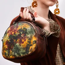 Для женщин Цветочный Handags Ретро Кожа Круглый Малый Мужская тотализаторов Диагональ цветок отпечаток природа коровы Кроссбоди Мешок
