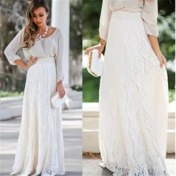 

Fashion Women clothes Long Maxi Elastic Waist cotton Skirt one pieces Double Layer lace Pleated Retro casual Solid White