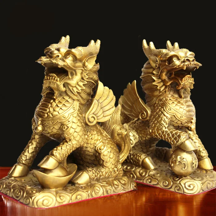 

Feng Shui Set of Two Golden Brass Chi Lin/Kylin Wealth Prosperity Statue