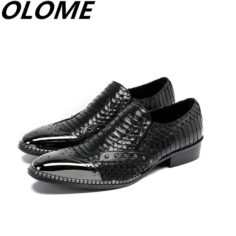 Mens Patent Leather Black Shoes Low Heels Snake Skin Steel Toe