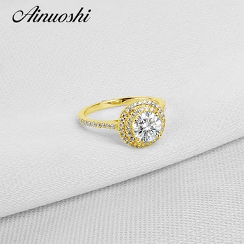 

AINUOSHI 1ct Double Halo Round Ring 14K Solid Yellow Gold Vintage Pave Setting Simulated Diamond Women Wedding Engagement Ring