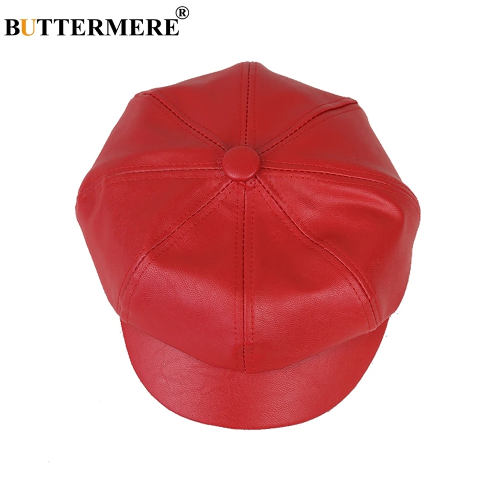 

BUTTERMERE Newsboy Hat Faux Leather Women Gatsby Cap Red Elegant British Male Spring Classic Vintage Painters Flat Caps And Hats