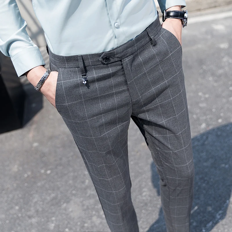 Summer New Youth Gentleman Slim Fit Plaid Suit Pants Men's Fashion