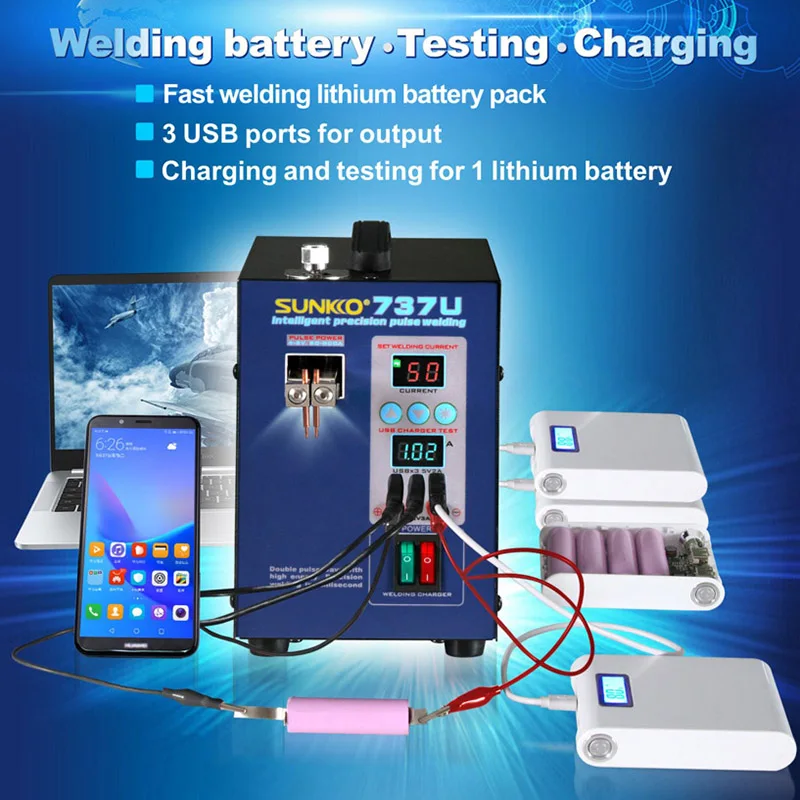 

SUNKKO 737U Spot Welding 18650 lithium battery pack, Testing and Charging for lithium battery, 3 USB ports for output