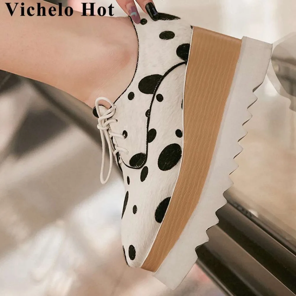 

Vichelo Hot luxury horsehair Punk style square toe leopard wedges high bottom waterproof lace up plus size increased pumps L07