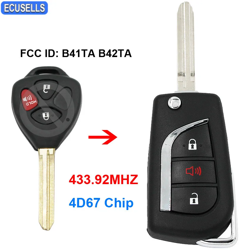 

Upgraded 3 Button Folding Flip Remote Key Fob 433.92Mhz 4D67 Chip for Toyota Camry Corolla Hilux 2005 - 2008 FCC ID: B41TA B42TA