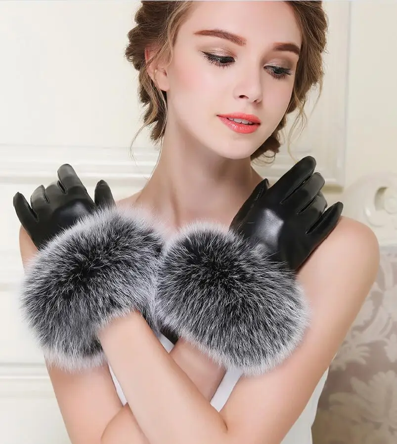 winter-quality-women's-fox-fur-ball-lovers-thermal-sheepskin-genuine-leather-gloves