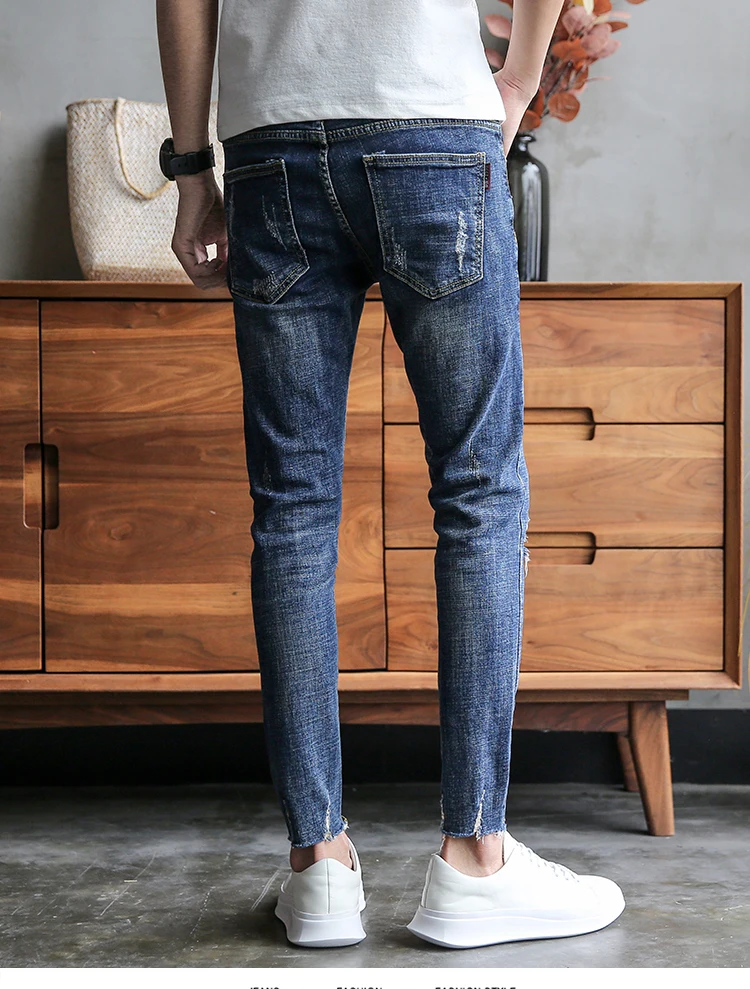 Мужские джинсы Лето Slim Fit джинсовые мужские байкерские джинсы универсальные Синие рваные джинсы мужские уличные хип-хоп брюки мужские 34-28 хит