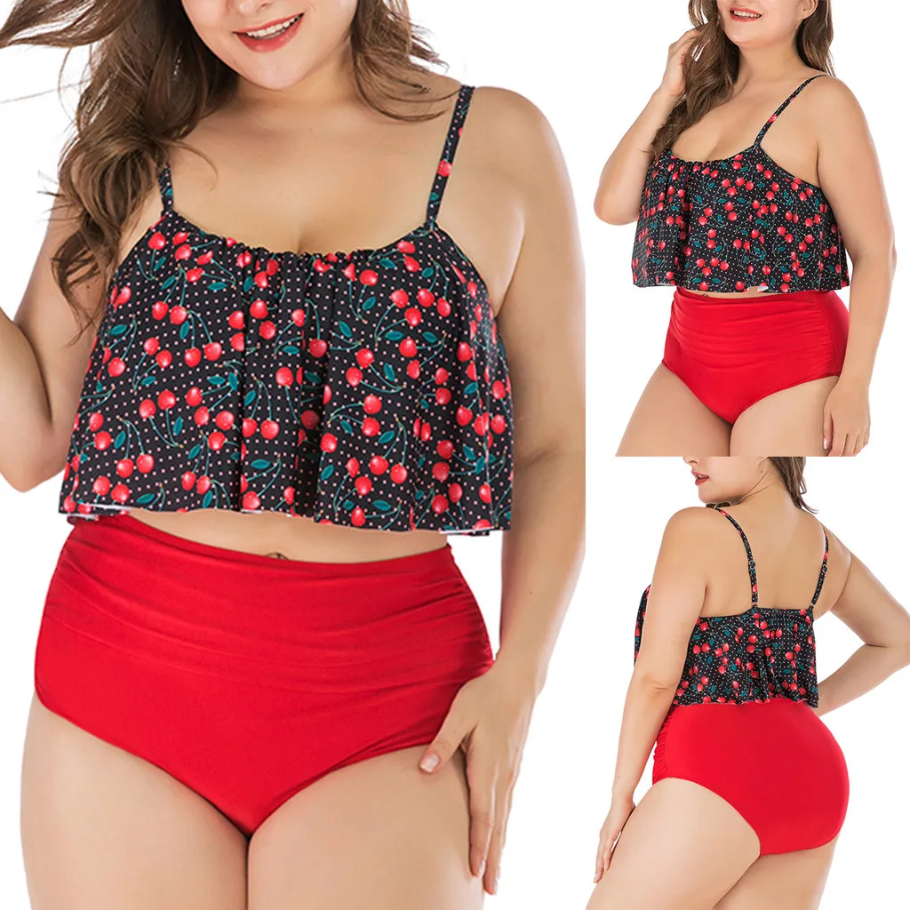 

New Outdoor Fashion Women Plus Size High Waist Swimwear Print Ruffle Swimsuit Push Up Padded Bikini 30 Drop shipping