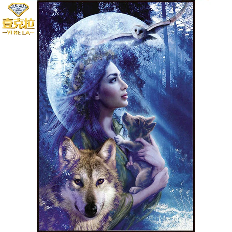

5d Diy Resin Diamond Painting Woman with Wolf Cross Stitch Full Diamond Embroidery Owl Elves Pattern Rhinestone Mosaic