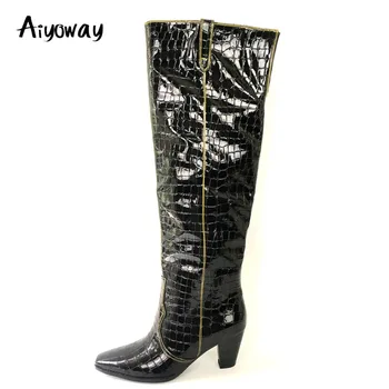 

Aiyoway Women Over Knee High Boots Crocodile Pattern Patent Leather Black Winter Shoes Fashion Ladies Square Toe Mid Heel Party
