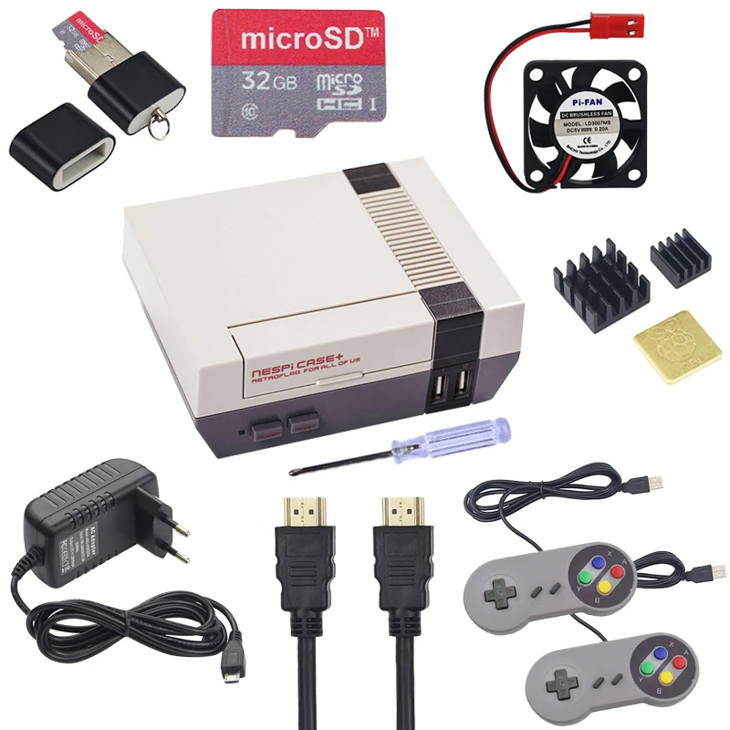 Baratos Carcasa nespplus caja Retroflag Raspberry Pi NES + tarjeta SD 32G + almohadilla de juego + 3A con fuente de alimentación para Raspberry Pi 3 Modelo B +