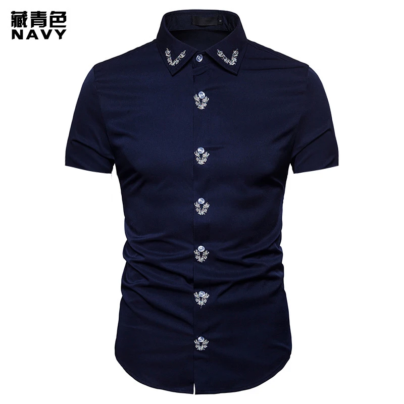 FFXZSJ Лето Мода Тотем вышитые рубашки slim fit короткий рукав Camisas в новая кнопка Повседневная рубашка Этническая рубашка для мужчин - Цвет: DA02-Navy