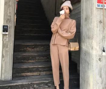 

Women Turtleneck Warm Knit Tracksuit Fashion Split Knitted Loose Sweater 2 Piece Pant Set + Elastic Waist Pants Suits