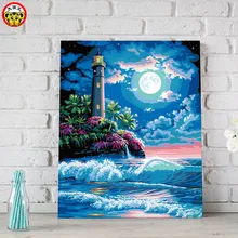 Картина по номерам художественная краска по номеру King Wang Сделай Сам масляной пейзаж красивый лунный Морской Маяк гостиная