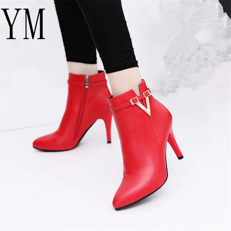 

2018 Spring Autumn Stiletto Thin High Heels Pointed Toe Faux Leather Zipper Style Sexy Martin Boots Ankle Womens Boots
