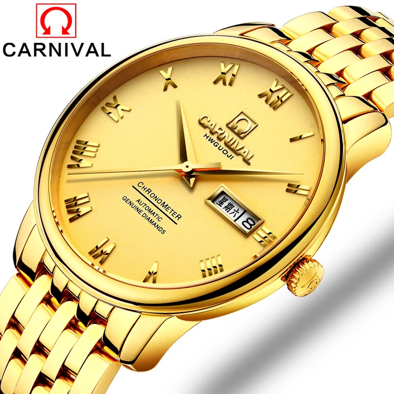Carnival Watch Men Automatic Mechanical Luminous Full Gold Stainless Steel Waterproof Week Date Watches Carnival Watch Men Automatic Mechanical Luminous Full Gold Stainless Steel Waterproof Week Date Watches