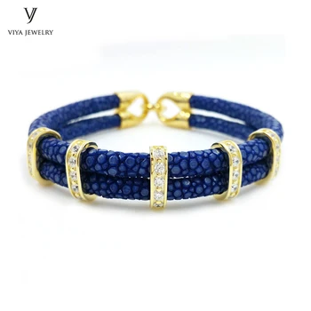 

Luxury Unique 925 Sterling Silver Bracelet Genuine Navy Blue Stingray Leather Bracelet Man Gold Color Bracelets For Sports Men