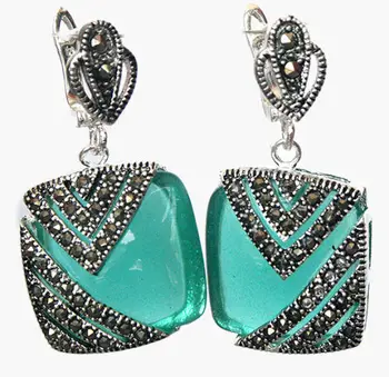 

Natural Green Opal Cat Eye Stone Silver & Marcasite Earrings 1"