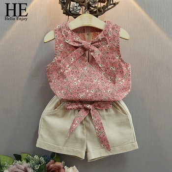 

HE Hello Enjoy Baby Girl Clothes Fashion Girls Summer Set Baby Suits Kids Bow Floral T Shirt +Shorts Children Clothing Set 2019