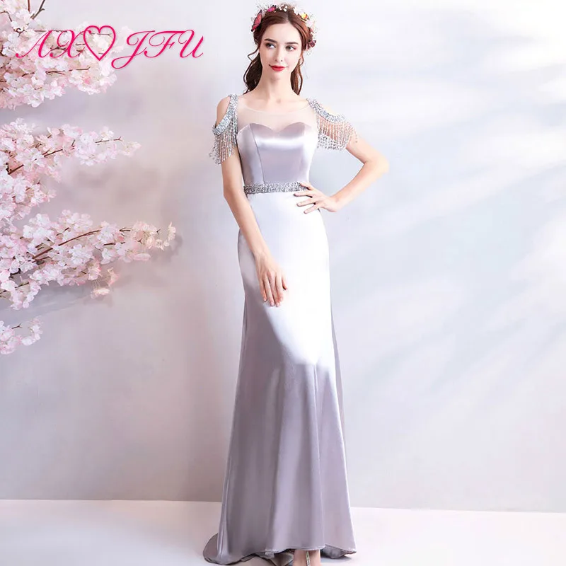

AXJFU Princess grey beading pearls fish evening dress luxury vintage o neck sparkly beading crystal mermaid evening dress 9688