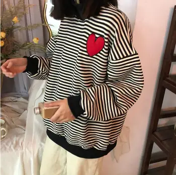 

Autumn half-high collar bat long-sleeved love heart embroidery striped sweatshirt