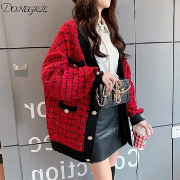 

2019 spring new small fragrance V-neck single-breasted plaid thick wool sweater cardigan women loose knit jacket