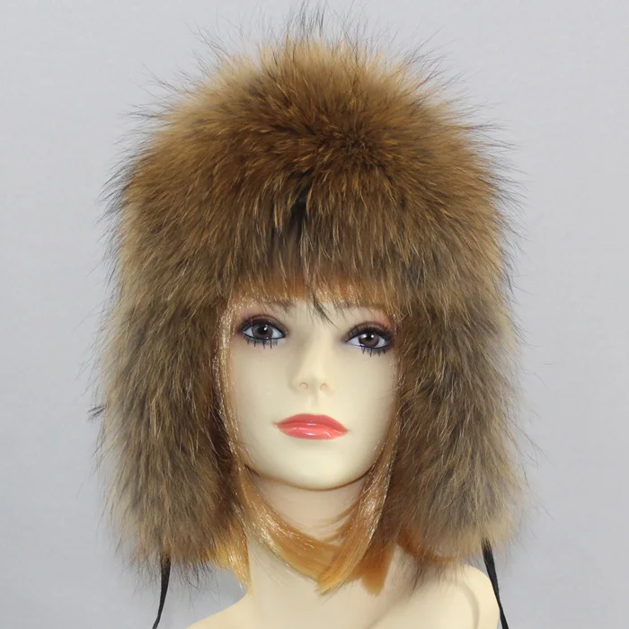 Шапка-ушанка, меховая шапка, женские зимние шапки с наушниками, шапка-ушанка, женские шапки из натурального Лисьего меха, черная лисица, розничная - Цвет: raccoon fur