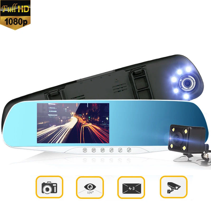 

4.3'' Dual Lens HD Car DVR Blue Rearview Mirror Digital Video Camera Recoder Auto Camcorder Night Vision Dash Cam