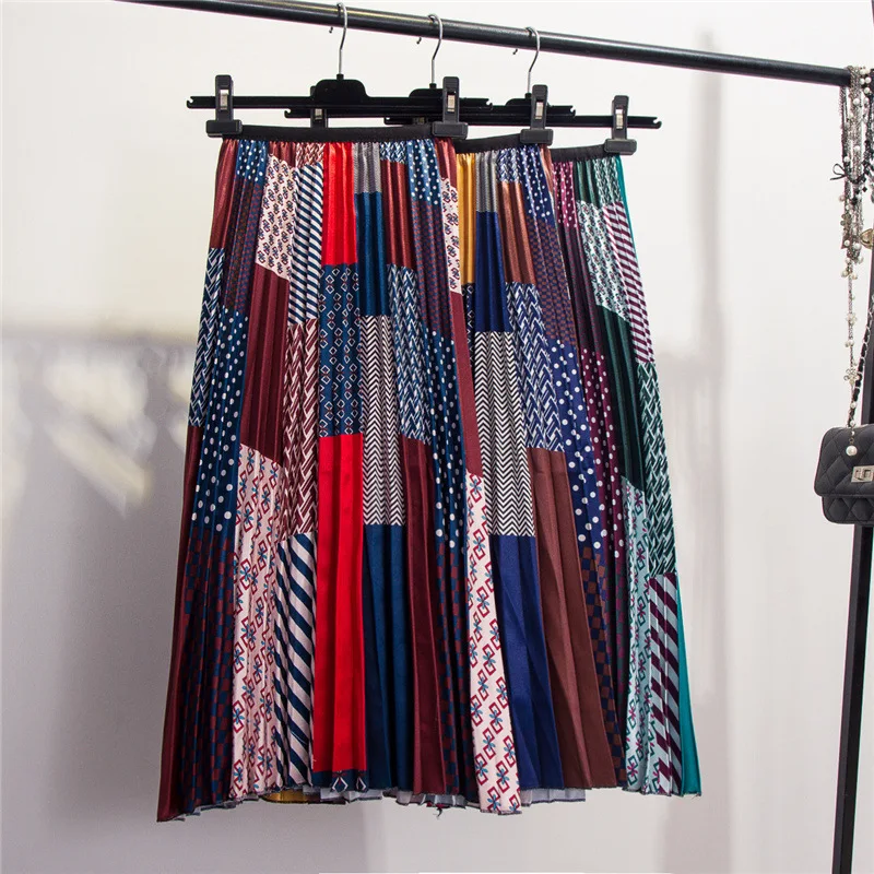 Плиссированные юбки женские демисезонный цвет печати Органическая плиссированная юбка обувь для девочек дамы Высокая талия атласная плиссированная