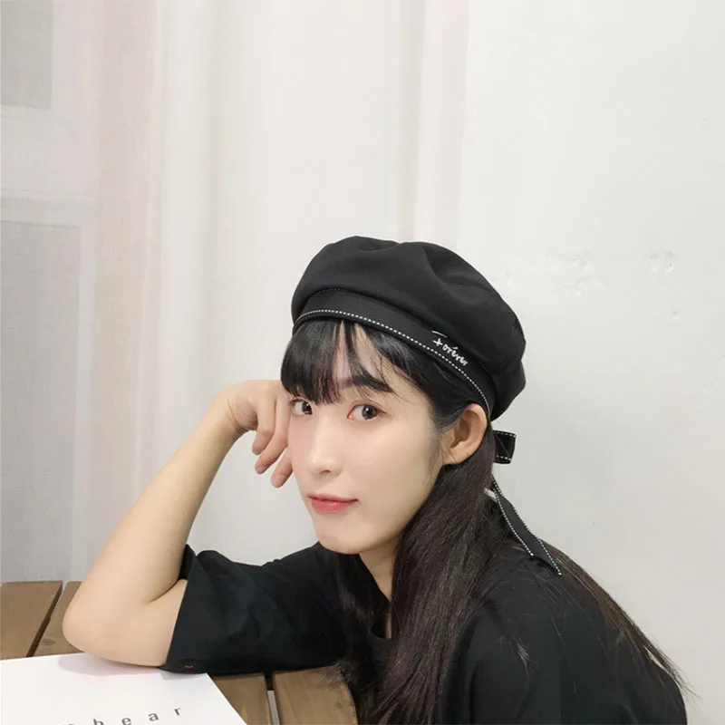 Fashion Cotton Beret Hat Women Ribbon Bow Letter Embroidery Cap Female Ladies Beanie Beret Sweet Girls For Autumn Winter