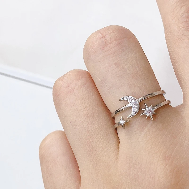 

Korean Zircon Ring 925 Silver Opening Ring Woman White Zircon Sun Star Moon Rings For Cute Girls Wedding Engagement Jewelry F735