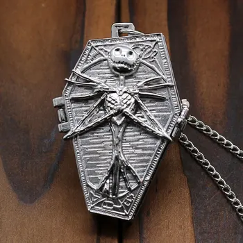 

Sliver Color The Nightmare Before Christmas Coffin Bronze Pocket Watch With Necklace Chain for Men Women