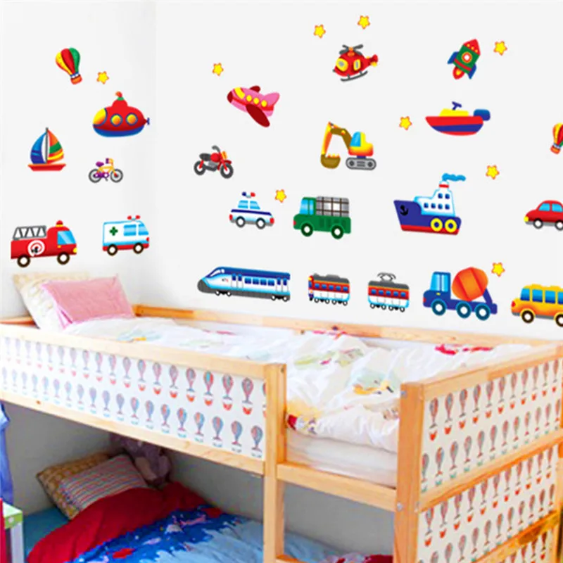 Автомобили поезд Мотор велосипед корабль транспорт наклейки на стену детская комната спальня домашние декоративные наклейки настенные художественные наклейки для детей