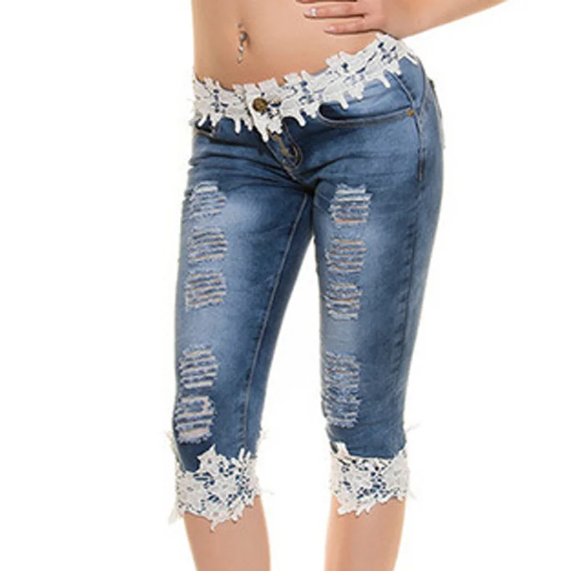 2017 Spring Summer New Hollow Lace Denim Pants Women s Blue Color Low Waist Knee Length