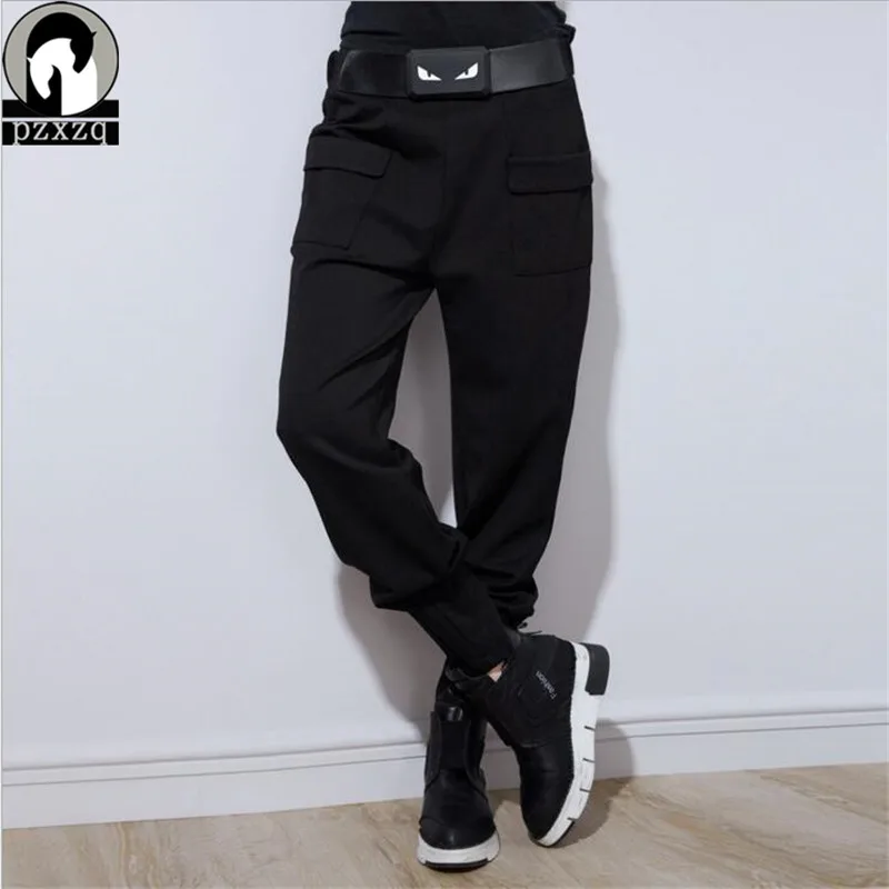 

With Belt 2019 Winter Design Brand Harem Pants Stretch Mid Waist Pencil Long Trousers Black Hip Hop Street Wear Sweatpants