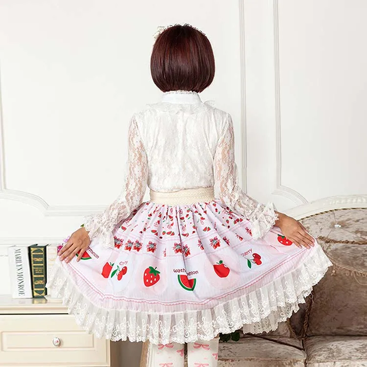 Милая японская юбка Лолиты с принтом фруктов для девочек с кружевной отделкой