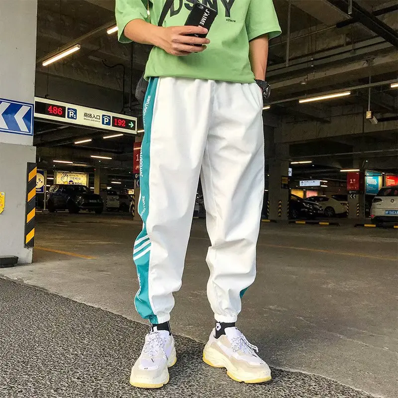 Japanese Style Hip Pop Men s Long Patchwork Reflective Track Pants Joggers Elastic Waist Side Striped 5