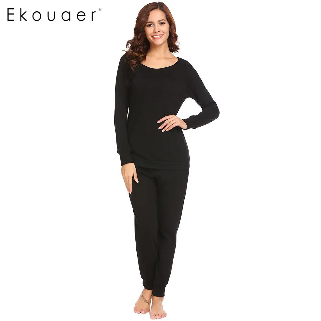 Ekouaer, женские пижамные комплекты, 2 шт, комплект одежды для сна, с длинным рукавом, с флисовой подкладкой, топ и штаны, термобелье, ночные рубашки, пижамный комплект - Цвет: Black