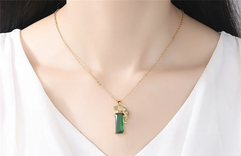 Trendy Green Geometric Stone Zircon Pendant Necklace Cool Animal Cheetah Gold Color Necklaces Woman Men Accessories Gifts N348 (5)