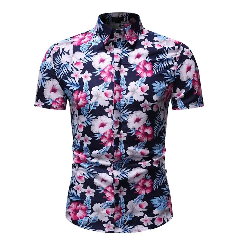 

Summer dress Shirt Men Flower Short sleeve Hawaiian Style Social Shirt for Men Casual Floral Blouse Men